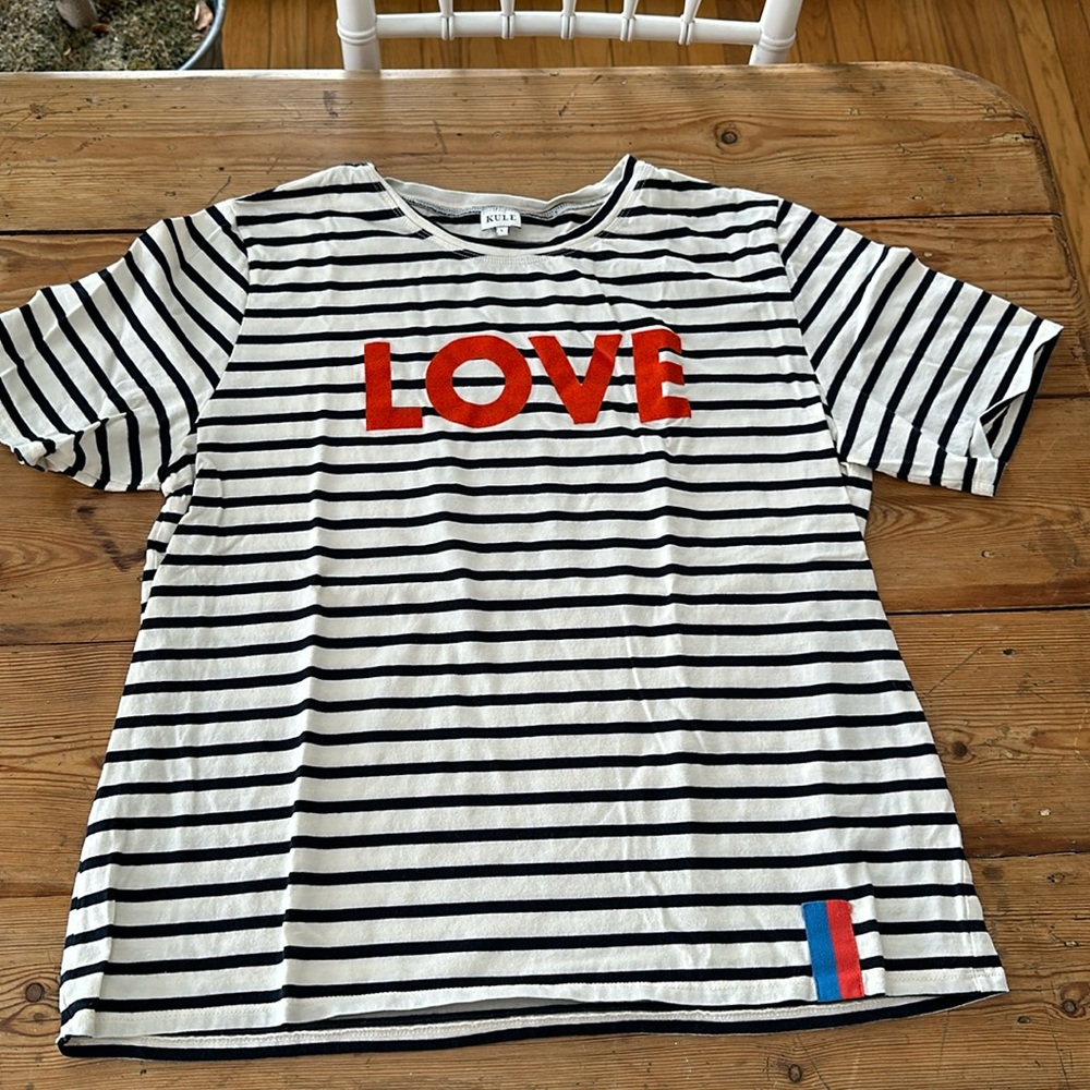 KULE short sleeve tshirt, ecru ground with black stripes, orangey-red LOVE